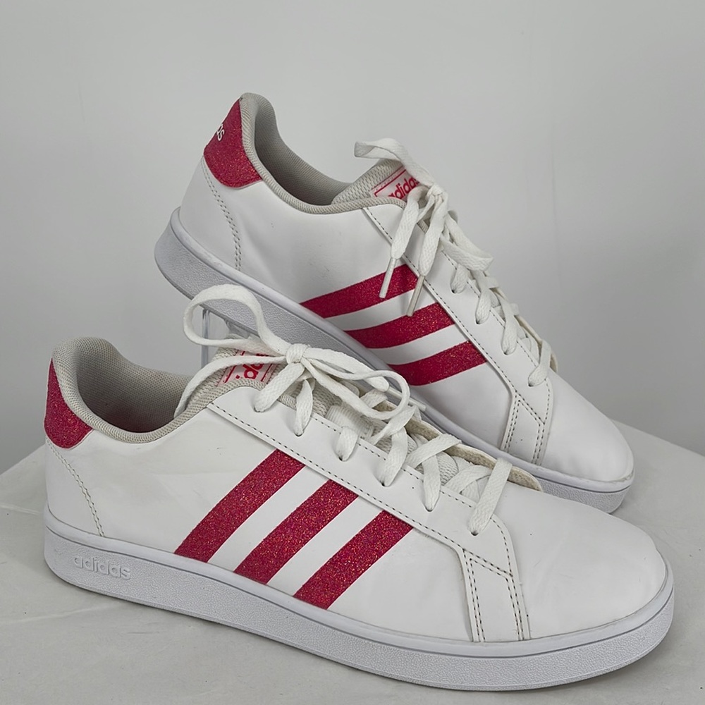 Adidas Grand Court K Pink Glitter Stripe Women's Size 6.5 EG5136‎ EUC